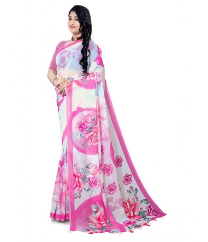Women's Georgette Floral Printed Saree With Unstitched Blouse 5.5Mtr (Pink)
