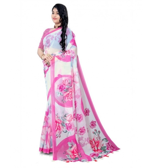 Women's Georgette Floral Printed Saree With Unstitched Blouse 5.5Mtr (Pink)