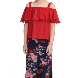 Girl's Rayon Crepe Printed Cold Shoulder Top and Pants Set (Red-Navy)
