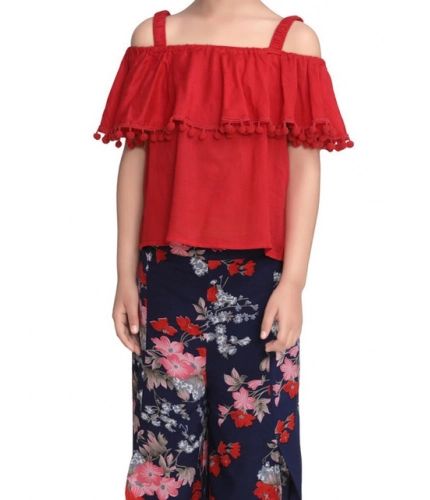 Girl's Rayon Crepe Printed Cold Shoulder Top and Pants Set (Red-Navy)