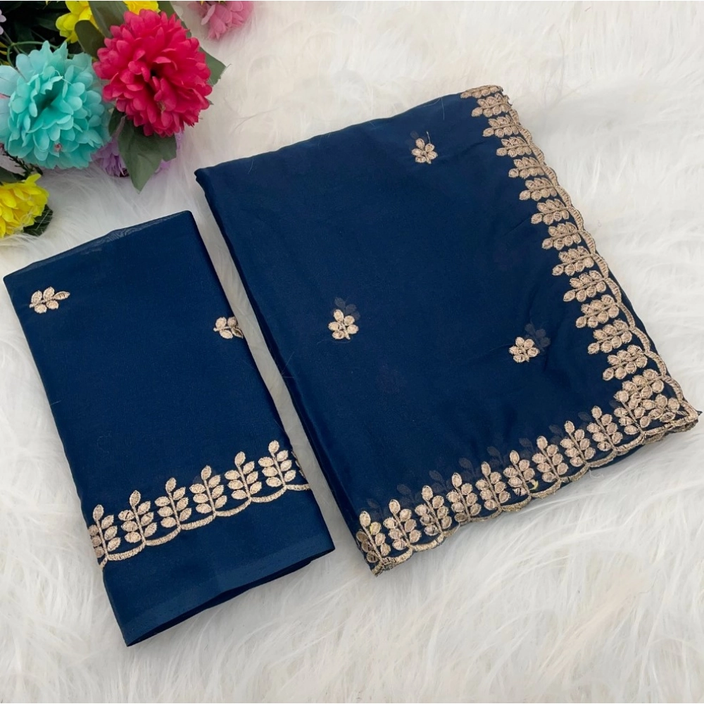 Women's Georgette Embroidered Saree With Unstitched Blouse 5.5Mtr (Blue) Women's Georgette Embroidered Saree With Unstitched Blouse 5.5Mtr (Blue)
