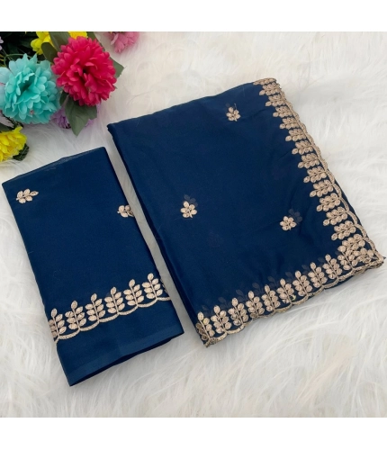 Women's Georgette Embroidered Saree With Unstitched Blouse 5.5Mtr (Blue)