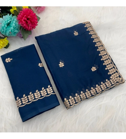 Women's Georgette Embroidered Saree With Unstitched Blouse 5.5Mtr (Blue)