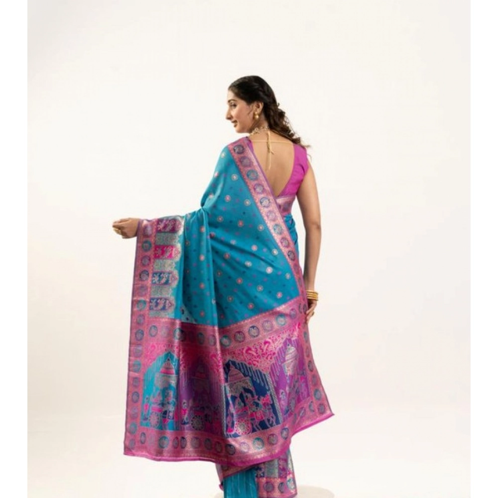 Women's Faux_Banarasi Woven Motifs Saree With Unstitched Blouse 5.5Mtr (Teal)