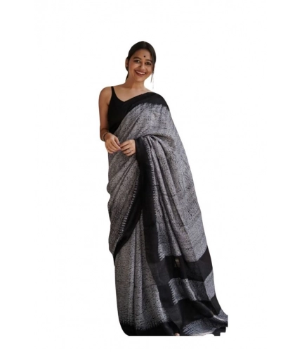 Women's Soft Lilan Printed Saree With Unstitched Blouse 5.5Mtr (Black)
