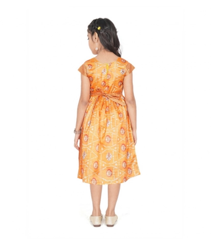 Girl's Brocket Silk Printed Short Sleeve Round Neck Dress (Orange)