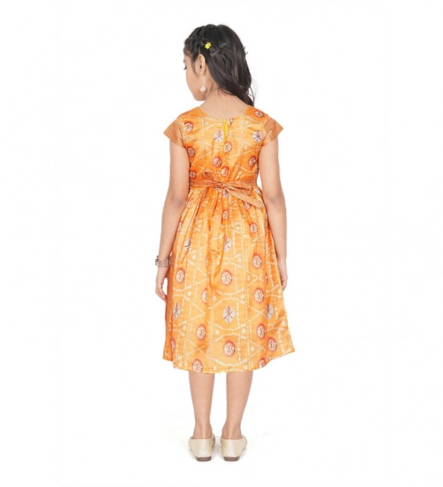 Girl's Brocket Silk Printed Short Sleeve Round Neck Dress (Orange)