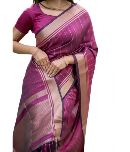 Women's Faux_Banarasi Lining Pattern Saree With Unstitched Blouse 5.5Mtr (Magenta)