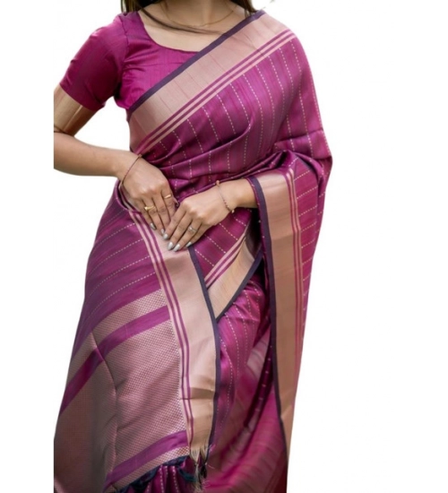 Women's Faux_Banarasi Lining Pattern Saree With Unstitched Blouse 5.5Mtr (Magenta)