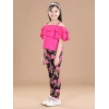 Girl's Cotton Floral Elasticated Jegging and Top Set (Black-Pink)