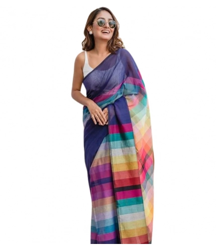 Women's Linen Printed Saree With Unstitched Blouse 5.5Mtr (Navy)