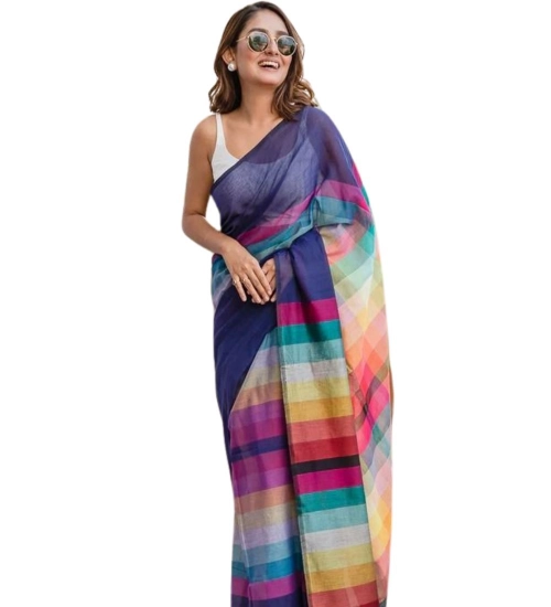 Women's Linen Printed Saree With Unstitched Blouse 5.5Mtr (Navy)