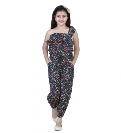 Girl's Polyester Moss Floral Sleeveless Jumpsuit (Multicolor)