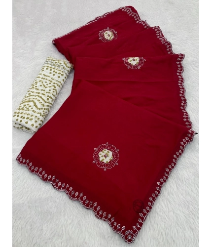 Women's Chiffon Butti Dotted Saree With Unstitched Blouse 5.5Mtr (Red)