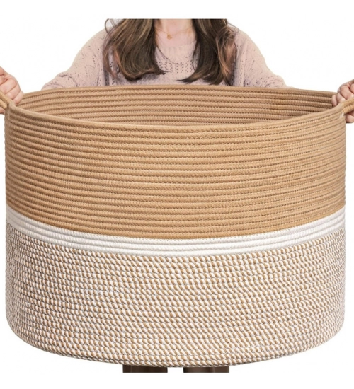 Cotton Dori 16x14 Inch Storage Basket For Clothes (Beige-Beige White)