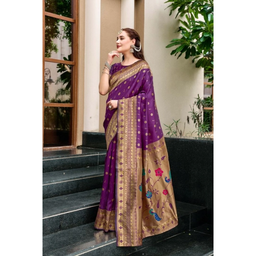 Women's Silk Blend Paithani Weaving Saree With Unstitched Blouse 5.5Mtr (Purple) Women's Silk Blend Paithani Weaving Saree With Unstitched Blouse 5.5Mtr (Purple)