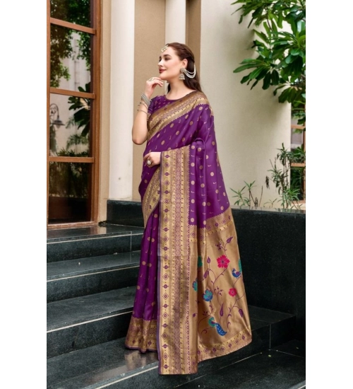 Women's Silk Blend Paithani Weaving Saree With Unstitched Blouse 5.5Mtr (Purple)