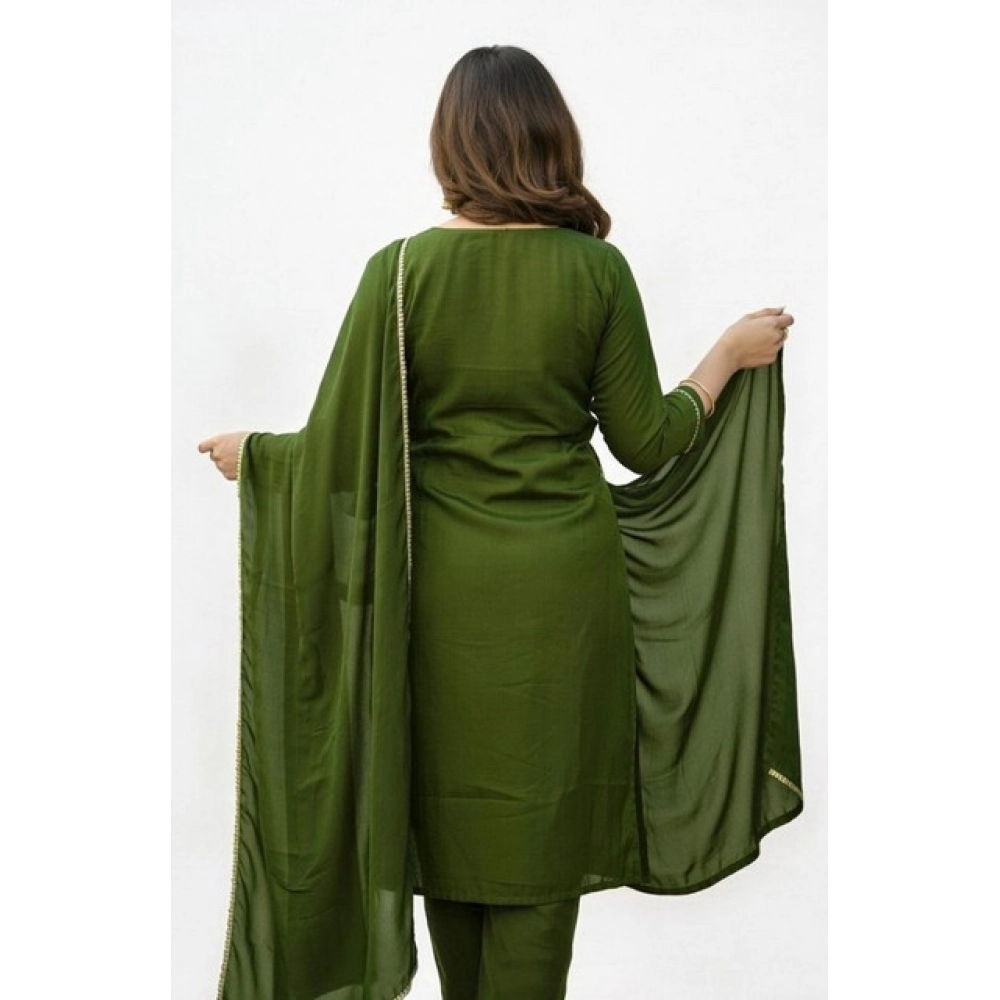 Women's Georgette Ethnic Motif Round 3/4th Sleeve Kurti With Pant Dupatta Set (Mahendi) Women's Georgette Ethnic Motif Round 3/4th Sleeve Kurti With Pant Dupatta Set (Mahendi)