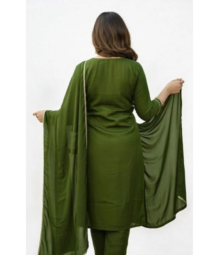 Women's Georgette Ethnic Motif Round 3/4th Sleeve Kurti With Pant Dupatta Set (Mahendi)