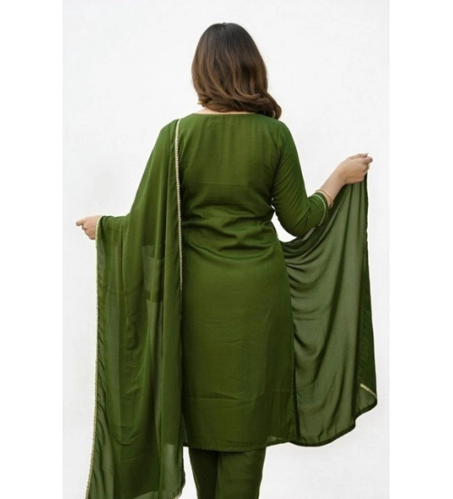 Women's Georgette Ethnic Motif Round 3/4th Sleeve Kurti With Pant Dupatta Set (Mahendi)