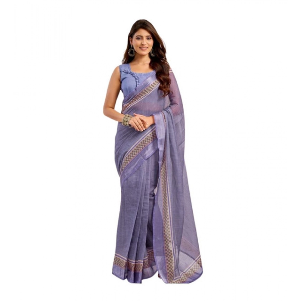 Women's Linen Cotton Printed Ready To Wear Saree With Unstitched Blouse 5.5 Mtr (Light_Lavender)