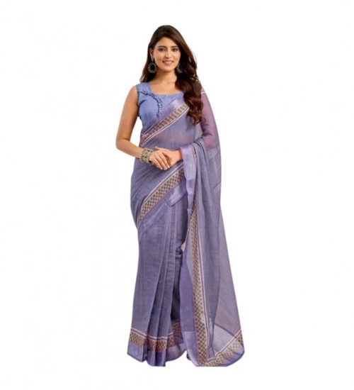 Women's Linen Cotton Printed Ready To Wear Saree With Unstitched Blouse 5.5 Mtr (Light_Lavender)
