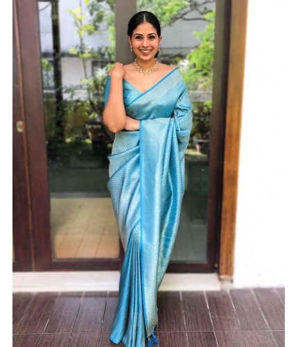 Women's Litchi silk Printed Saree With Unstitched Blouse (Sky Blue)