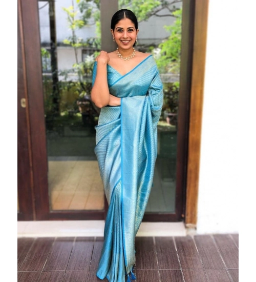 Women's Litchi silk Printed Saree With Unstitched Blouse (Sky Blue)