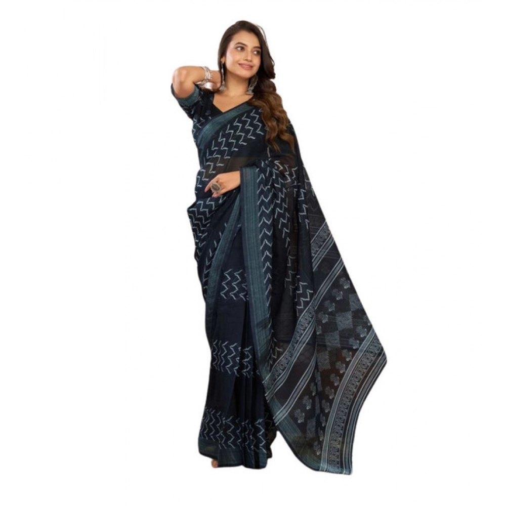Women's Linen Cotton Printed Ready To Wear Saree With Unstitched Blouse 5.5 Mtr (Black) Women's Linen Cotton Printed Ready To Wear Saree With Unstitched Blouse 5.5 Mtr (Black)