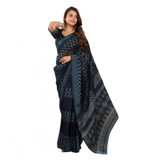 Women's Linen Cotton Printed Ready To Wear Saree With Unstitched Blouse 5.5 Mtr (Black)