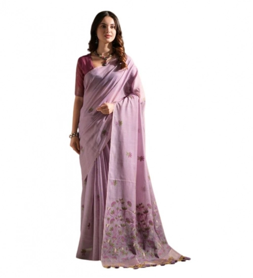 Women's Blended_Cotton Floral Saree With Unstitched Blouse 5.5Mtr (Lavender)