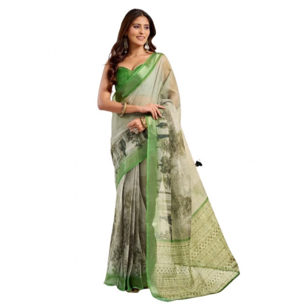 Women's Faux Linen Printed Ready to wear Saree With Unstitched Blouse 5.5Mtr (Light_Green) Women's Faux Linen Printed Ready to wear Saree With Unstitched Blouse 5.5Mtr (Light_Green)
