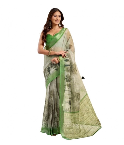 Women's Faux Linen Printed Ready to wear Saree With Unstitched Blouse 5.5Mtr (Light_Green) Women's Faux Linen Printed Ready to wear Saree With Unstitched Blouse 5.5Mtr (Light_Green)