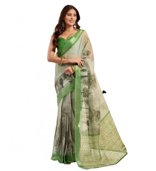 Women's Faux Linen Printed Ready to wear Saree With Unstitched Blouse 5.5Mtr (Light_Green) Women's Faux Linen Printed Ready to wear Saree With Unstitched Blouse 5.5Mtr (Light_Green)