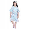 Girl's Polyester Crepe Floral Bell Sleeve Dress (Turquoise Blue)