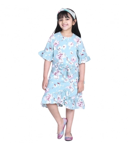 Girl's Polyester Crepe Floral Bell Sleeve Dress (Turquoise Blue)