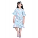 Girl's Polyester Crepe Floral Bell Sleeve Dress (Turquoise Blue)