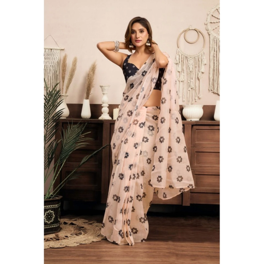 Women's Linen Cotton Printed Ready To Wear Saree With Unstitched Blouse 5.5 Mtr (Light_Peach)