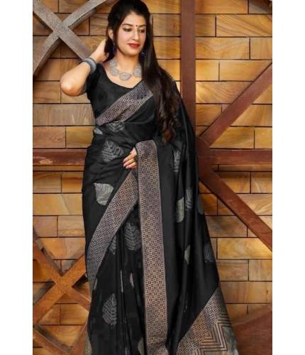 Women's Litchi silk Printed Saree With Unstitched Blouse (Black) Women's Litchi silk Printed Saree With Unstitched Blouse (Black)