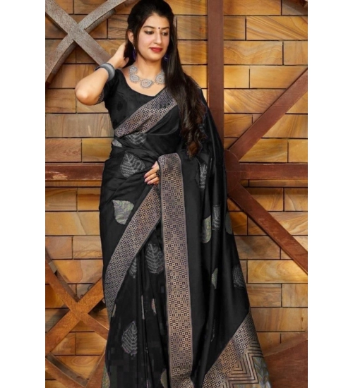 Women's Litchi silk Printed Saree With Unstitched Blouse (Black)