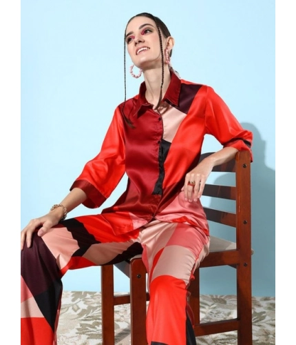 Women's Satin Colour Block Long Sleeves Co-Ord Set (Multicolor)