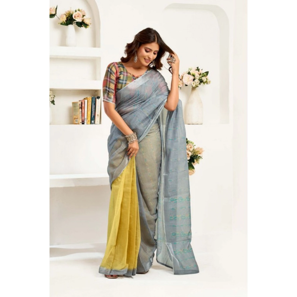 Women's Linen Cotton Printed Ready To Wear Saree With Unstitched Blouse 5.5 Mtr (Grey)