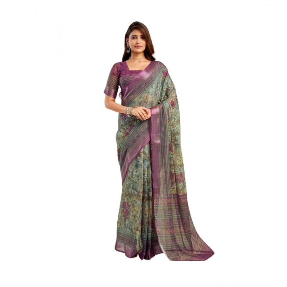 Women's Linen Cotton Printed Ready To Wear Saree With Unstitched Blouse 5.5 Mtr (Multicolor)