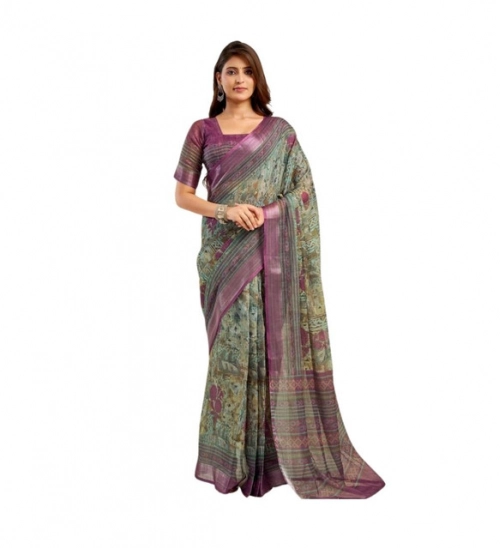 Women's Linen Cotton Printed Ready To Wear Saree With Unstitched Blouse 5.5 Mtr (Multicolor)