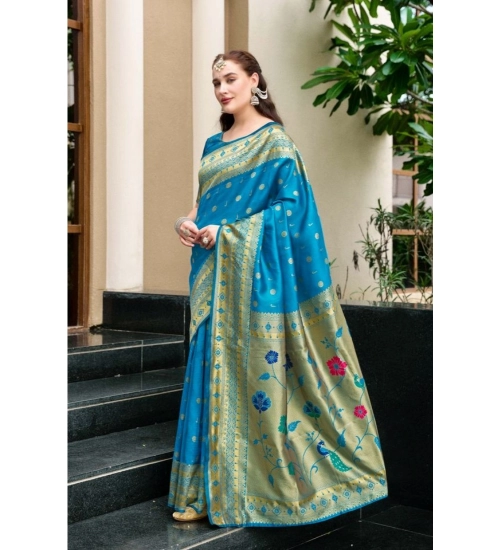 Women's Silk Blend Paithani Weaving Saree With Unstitched Blouse 5.5Mtr (Turquoise)