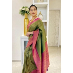 Women's Soft Lichi Silk Printed Saree With Unstitched Blouse 5.5Mtr (Mehndi-Green)