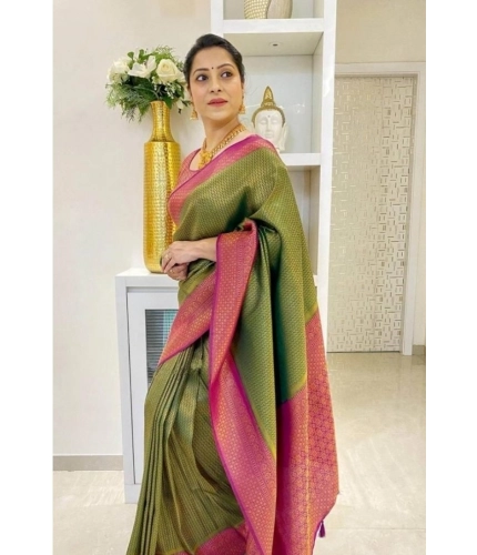 Women's Soft Lichi Silk Printed Saree With Unstitched Blouse 5.5Mtr (Mehndi-Green)