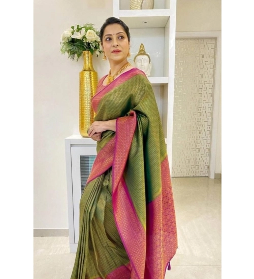 Women's Soft Lichi Silk Printed Saree With Unstitched Blouse 5.5Mtr (Mehndi-Green)