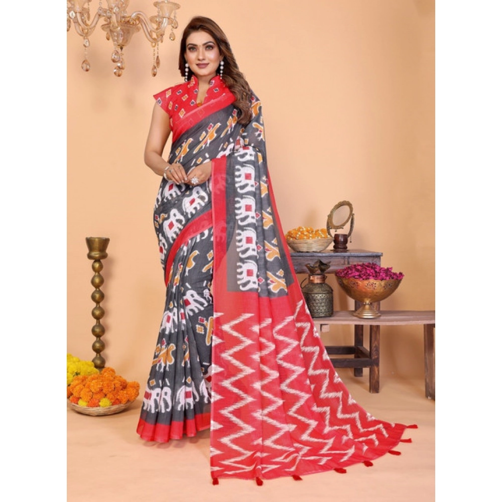 Women's Linen Cotton Printed Saree With Unstitched Blouse 5.5Mtr (Grey) Women's Linen Cotton Printed Saree With Unstitched Blouse 5.5Mtr (Grey)