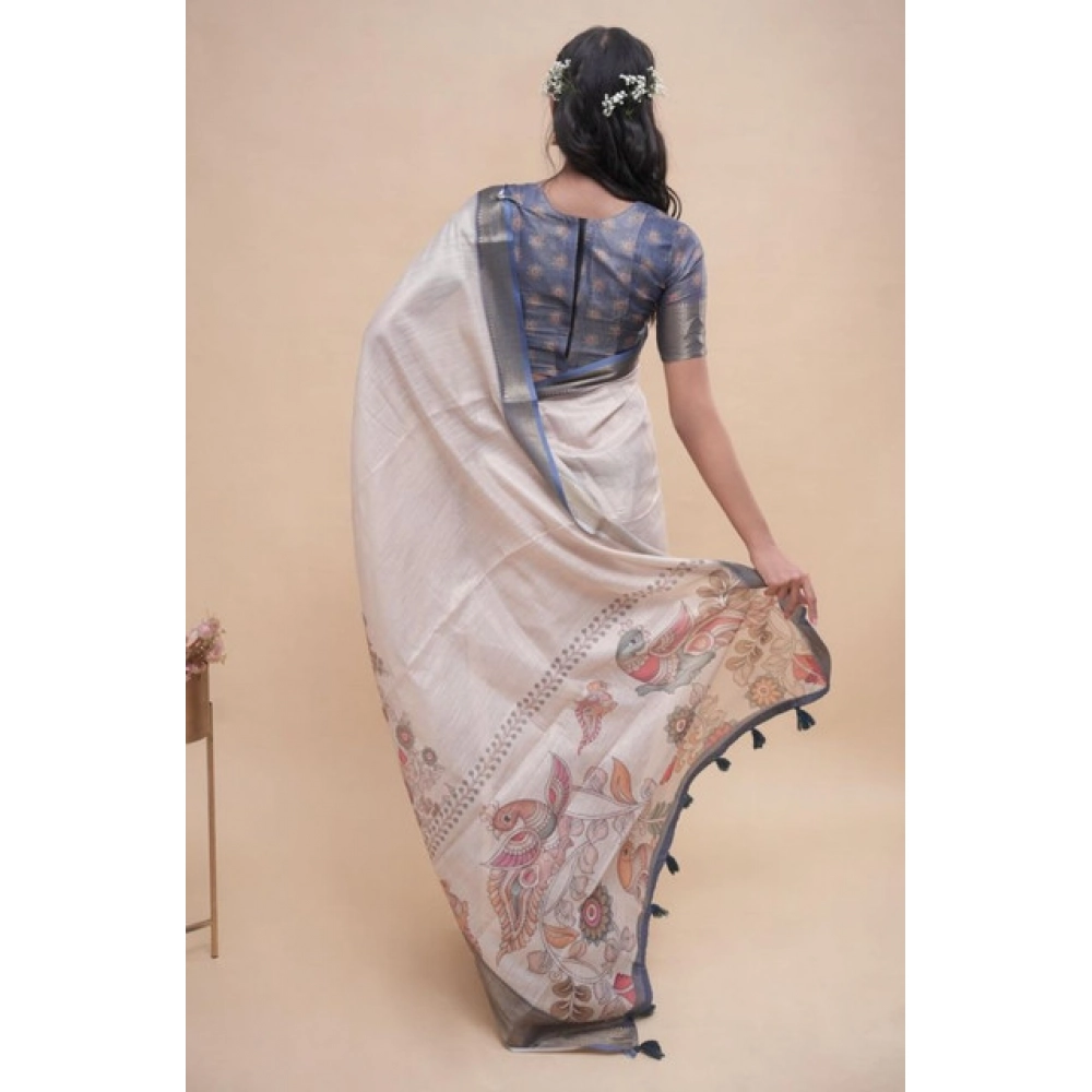 Women's Polyester Printed Saree With Unstitched Blouse 5.5 Mtr (Off-White)